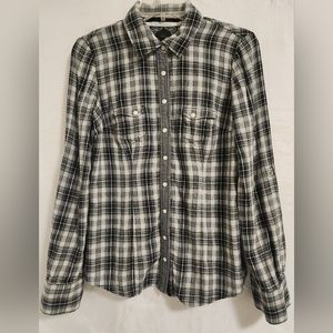 Guess Plaid Pearl Snap Shirt Womens Medium Black & White Western Top